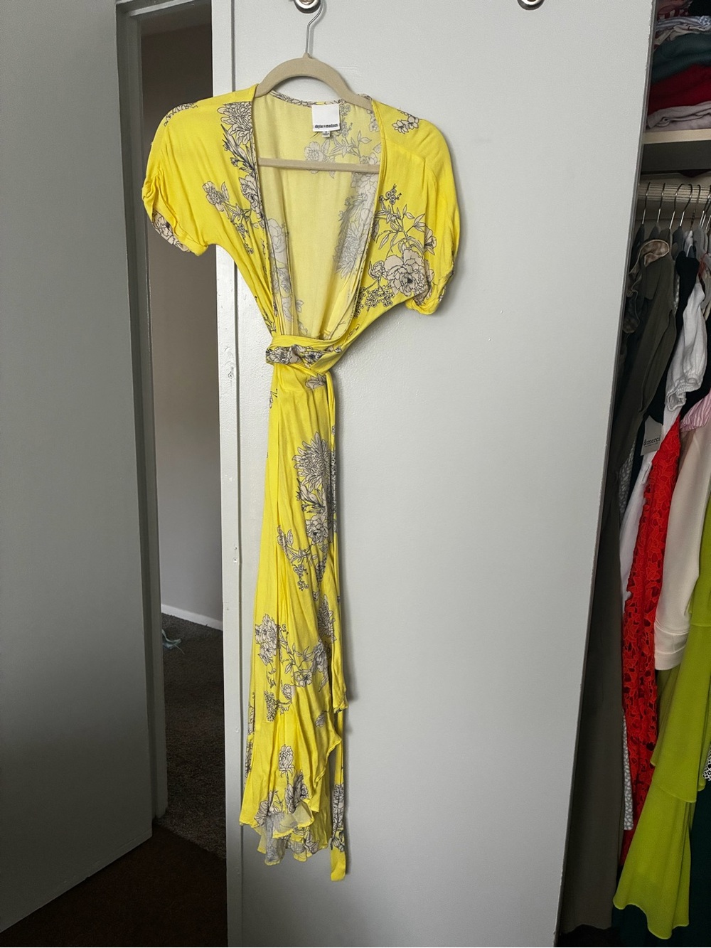 Skylar + Madison Yellow Floral Wrap Midi Dress with Gray Print